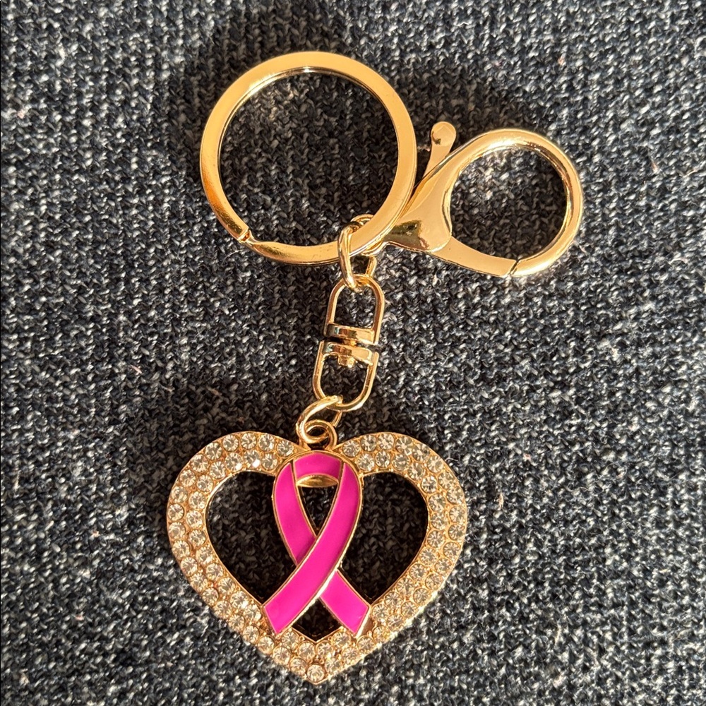 BREAST CANCER AWARENESS Gold and Pink Heart Bag Charm/Keychain with Ribbon - Picture 6 of 6